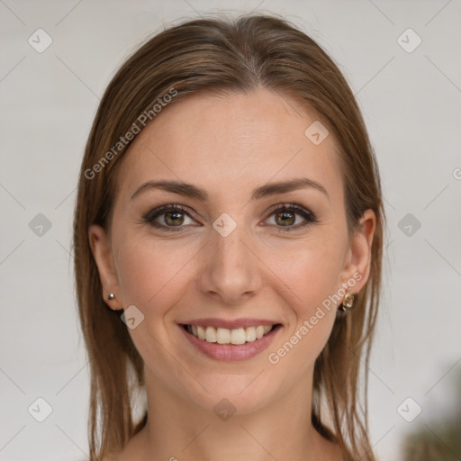 Joyful white young-adult female with long  brown hair and grey eyes