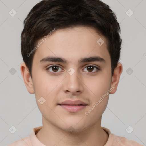 Neutral white young-adult male with short  brown hair and brown eyes