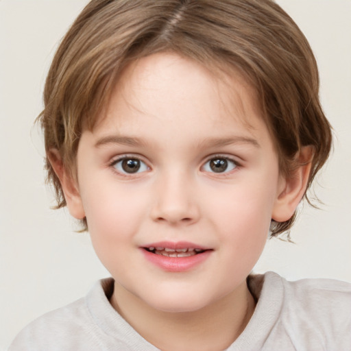 Joyful white child female with medium  brown hair and brown eyes