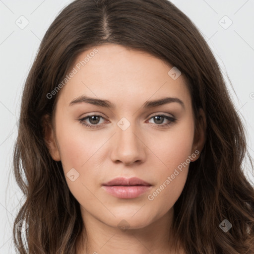 Neutral white young-adult female with long  brown hair and brown eyes