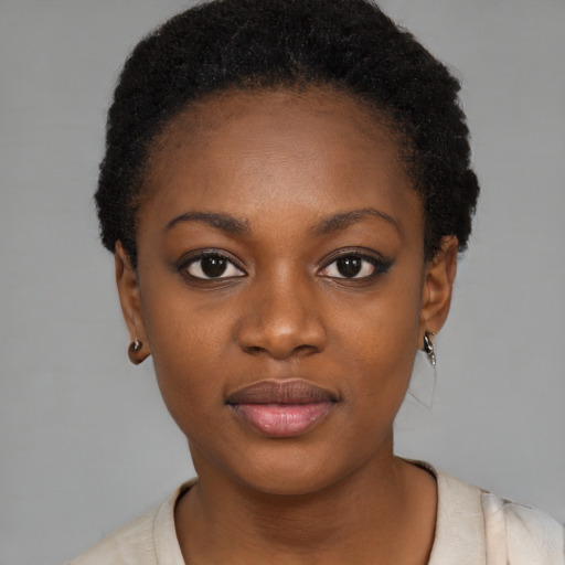 Neutral black young-adult female with short  black hair and brown eyes