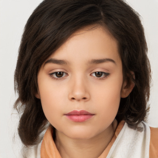 Neutral white child female with long  brown hair and brown eyes