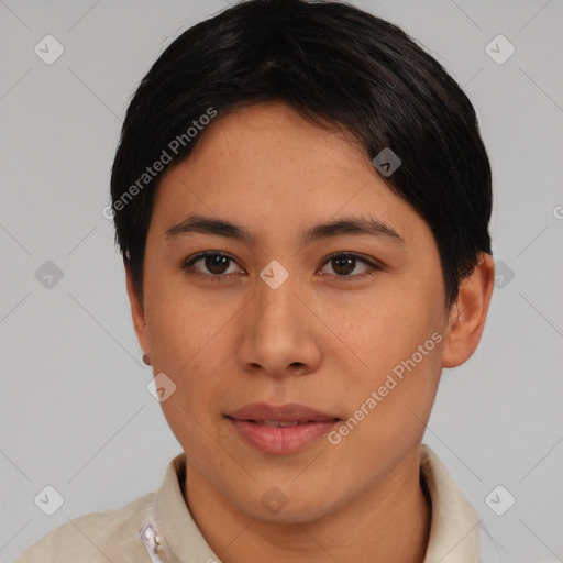 Neutral asian young-adult female with short  brown hair and brown eyes