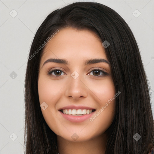 Joyful white young-adult female with long  black hair and brown eyes