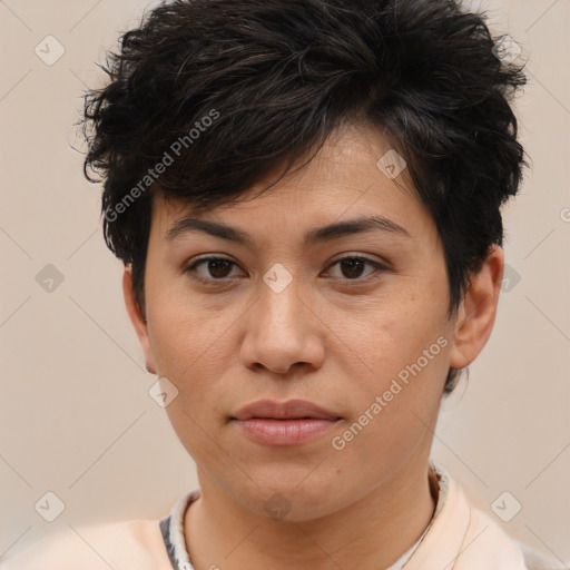 Joyful asian young-adult female with short  brown hair and brown eyes