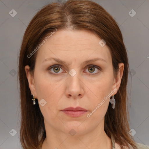 Neutral white adult female with medium  brown hair and blue eyes