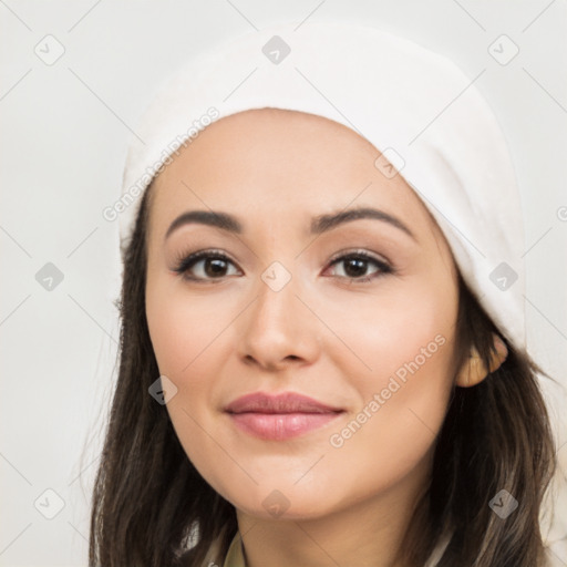 Joyful white young-adult female with long  black hair and brown eyes