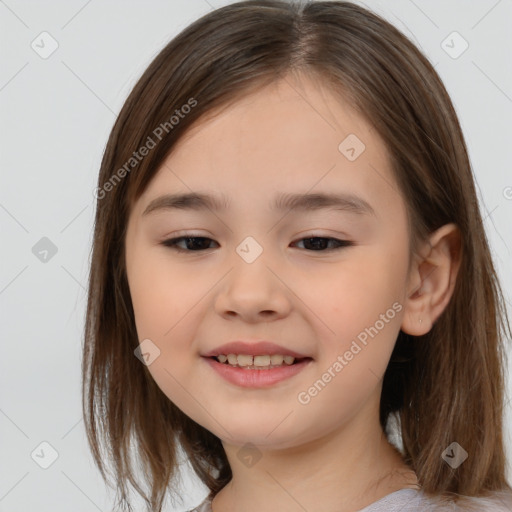 Joyful white child female with medium  brown hair and brown eyes