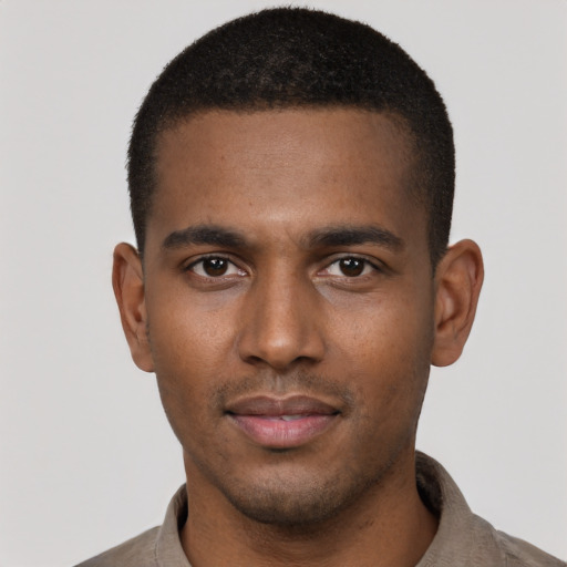 Neutral black young-adult male with short  black hair and brown eyes