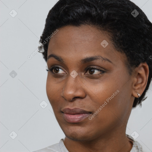 Neutral black young-adult female with short  black hair and brown eyes