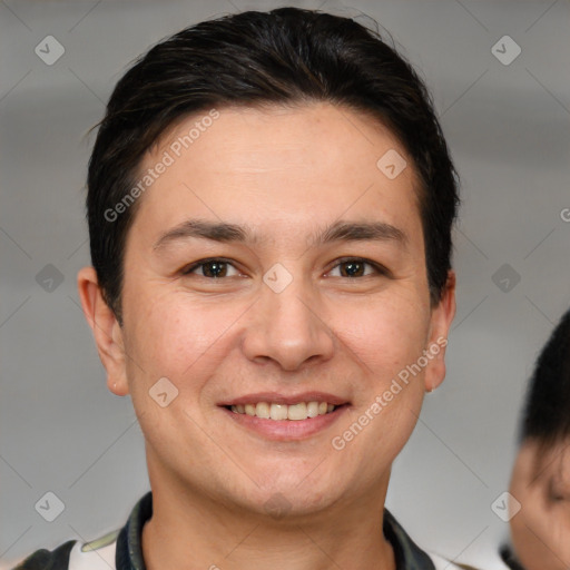 Joyful white young-adult male with short  brown hair and brown eyes