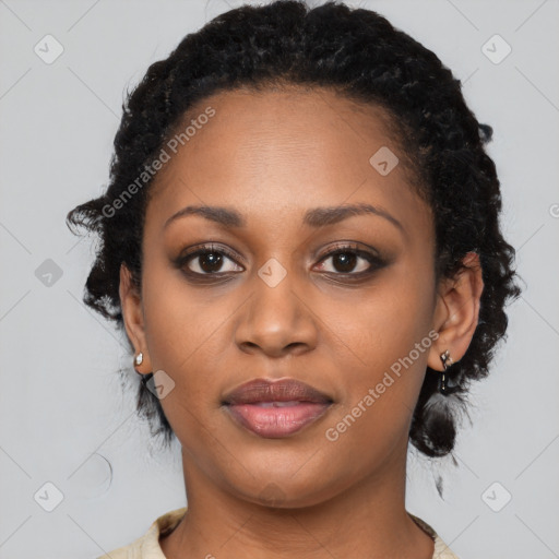 Joyful latino young-adult female with medium  black hair and brown eyes