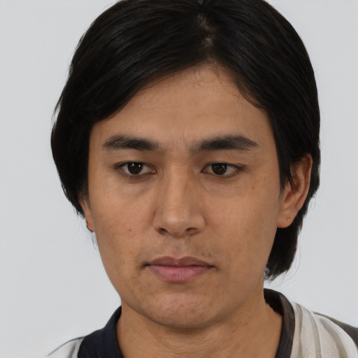 Neutral asian adult male with medium  black hair and brown eyes