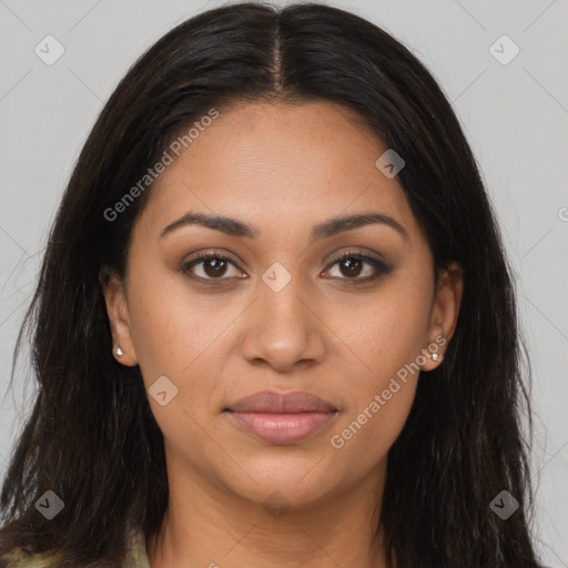 Joyful latino young-adult female with long  brown hair and brown eyes