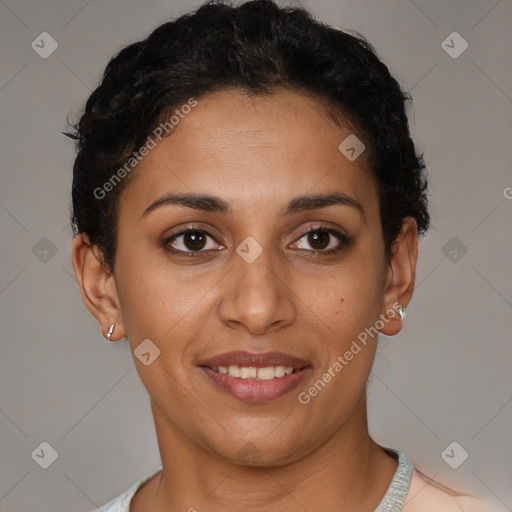 Joyful latino young-adult female with short  brown hair and brown eyes