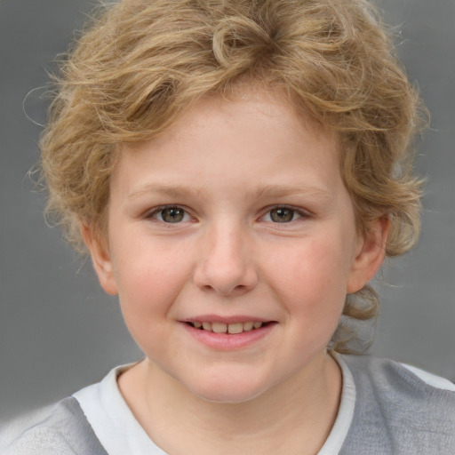 Joyful white child female with medium  brown hair and blue eyes