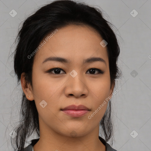 Joyful asian young-adult female with medium  black hair and brown eyes