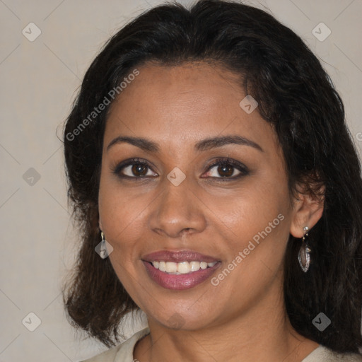 Joyful black young-adult female with medium  brown hair and brown eyes