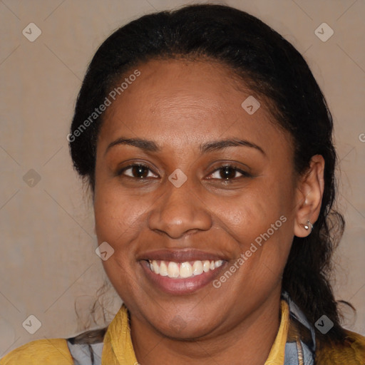 Joyful latino young-adult female with medium  black hair and brown eyes