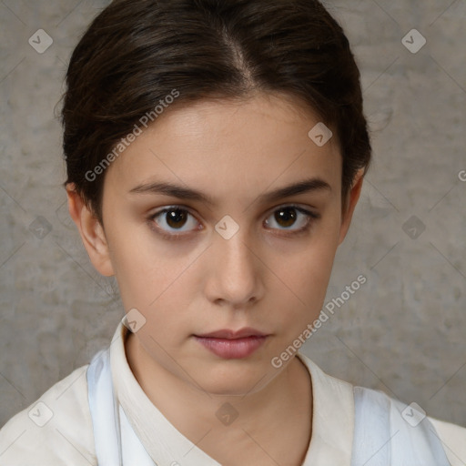 Neutral white young-adult female with short  brown hair and brown eyes