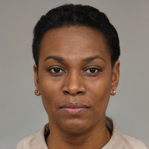 Neutral black adult female with short  black hair and brown eyes