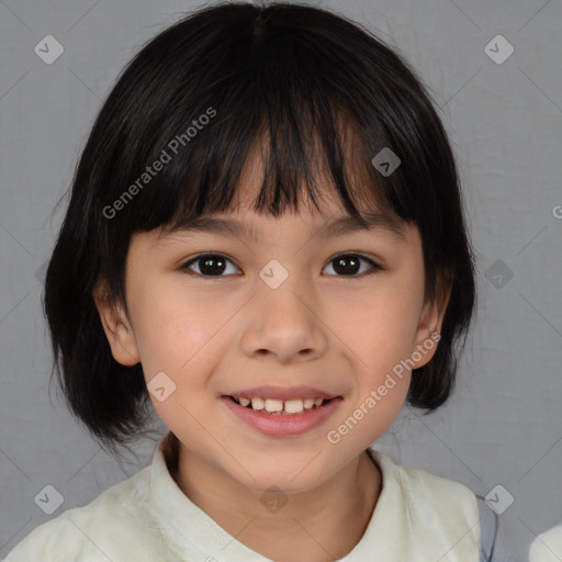 Joyful white child female with medium  brown hair and brown eyes