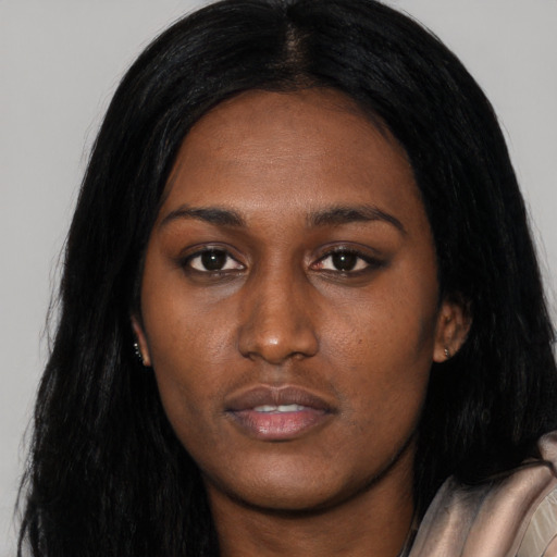 Neutral asian young-adult female with long  black hair and brown eyes
