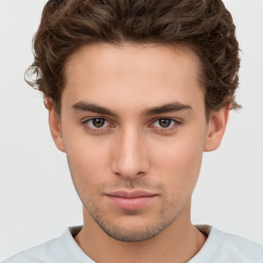 Neutral white young-adult male with short  brown hair and brown eyes