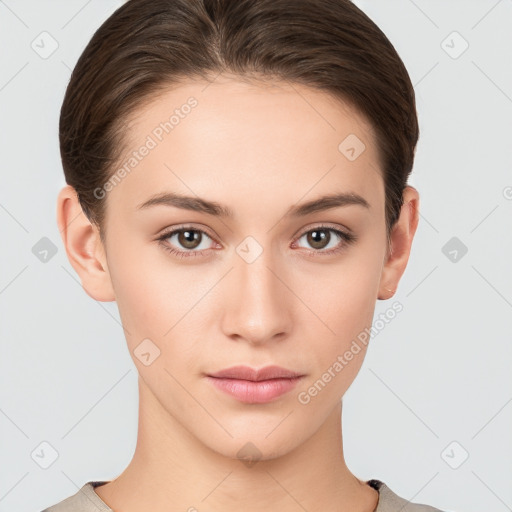 Neutral white young-adult female with short  brown hair and brown eyes