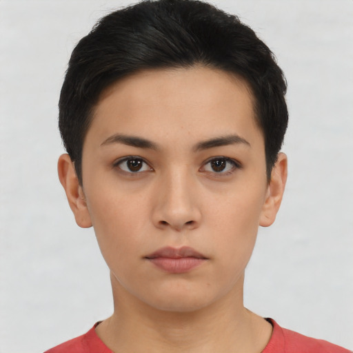 Neutral asian young-adult female with short  black hair and brown eyes