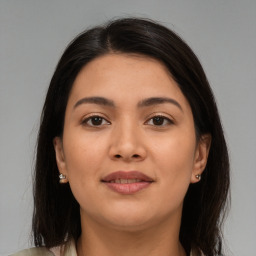 Joyful asian young-adult female with medium  brown hair and brown eyes