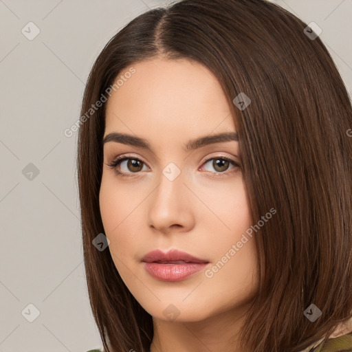 Neutral white young-adult female with long  brown hair and brown eyes