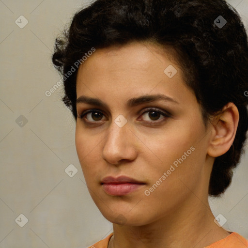 Neutral white young-adult female with short  brown hair and brown eyes