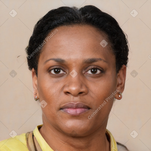 Neutral latino young-adult female with short  brown hair and brown eyes