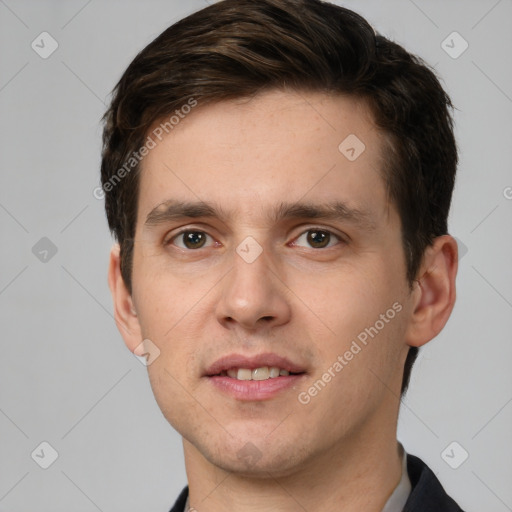 Joyful white young-adult male with short  brown hair and brown eyes