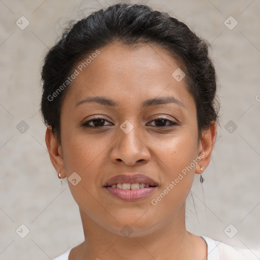 Joyful latino young-adult female with short  brown hair and brown eyes