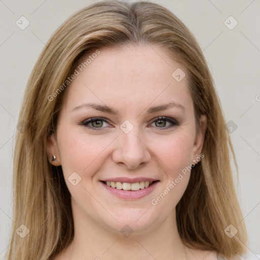 Joyful white young-adult female with long  brown hair and green eyes