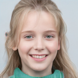 Joyful white child female with medium  blond hair and blue eyes