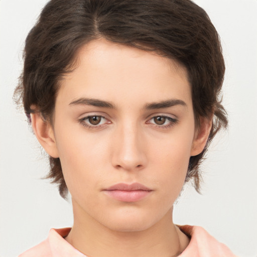 Neutral white young-adult female with medium  brown hair and brown eyes