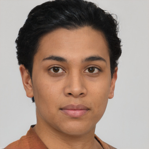 Neutral asian young-adult female with short  brown hair and brown eyes