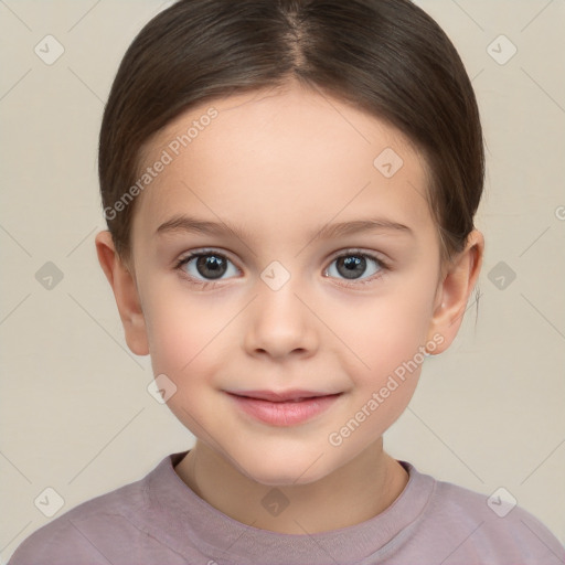 Joyful white child female with short  brown hair and brown eyes