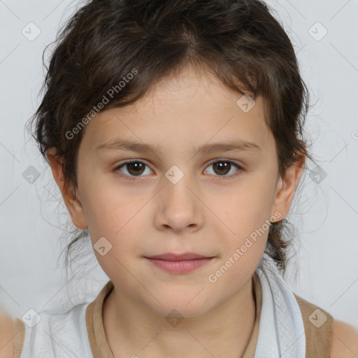 Joyful white child female with medium  brown hair and brown eyes