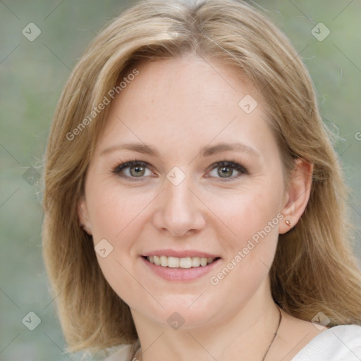 Joyful white young-adult female with medium  brown hair and green eyes