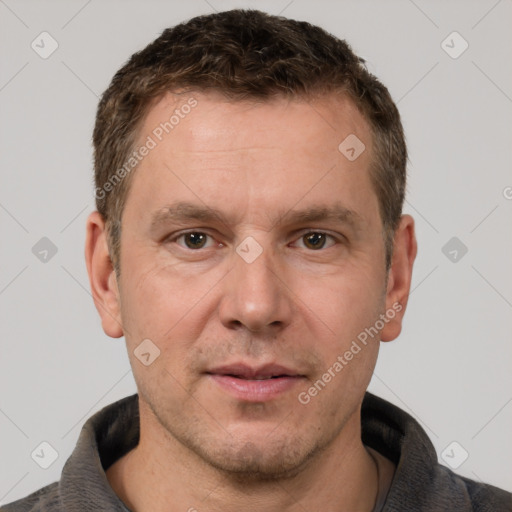 Neutral white adult male with short  brown hair and brown eyes