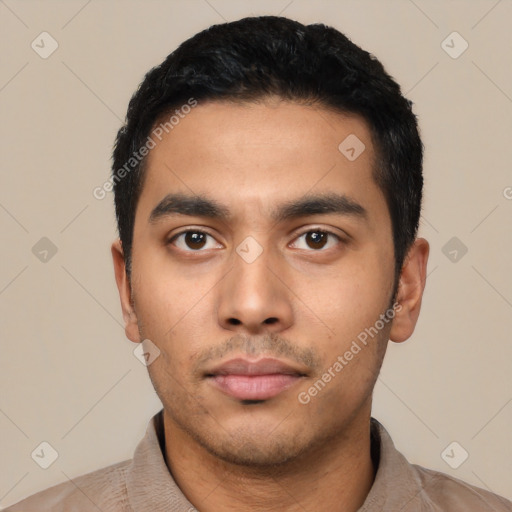 Neutral latino young-adult male with short  black hair and brown eyes