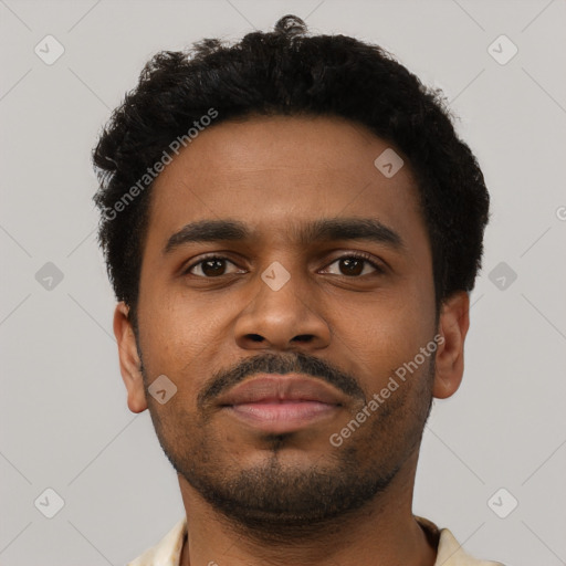 Neutral black young-adult male with short  black hair and brown eyes