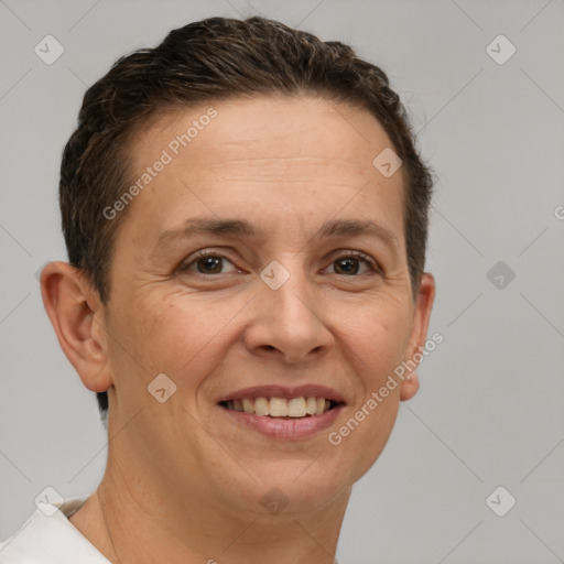 Joyful white adult female with short  brown hair and brown eyes