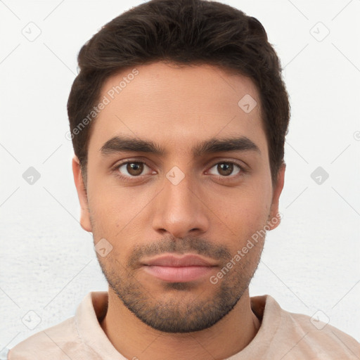 Neutral white young-adult male with short  brown hair and brown eyes