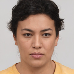 Joyful asian young-adult female with short  brown hair and brown eyes