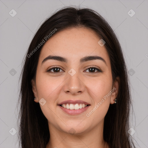 Joyful white young-adult female with long  brown hair and brown eyes